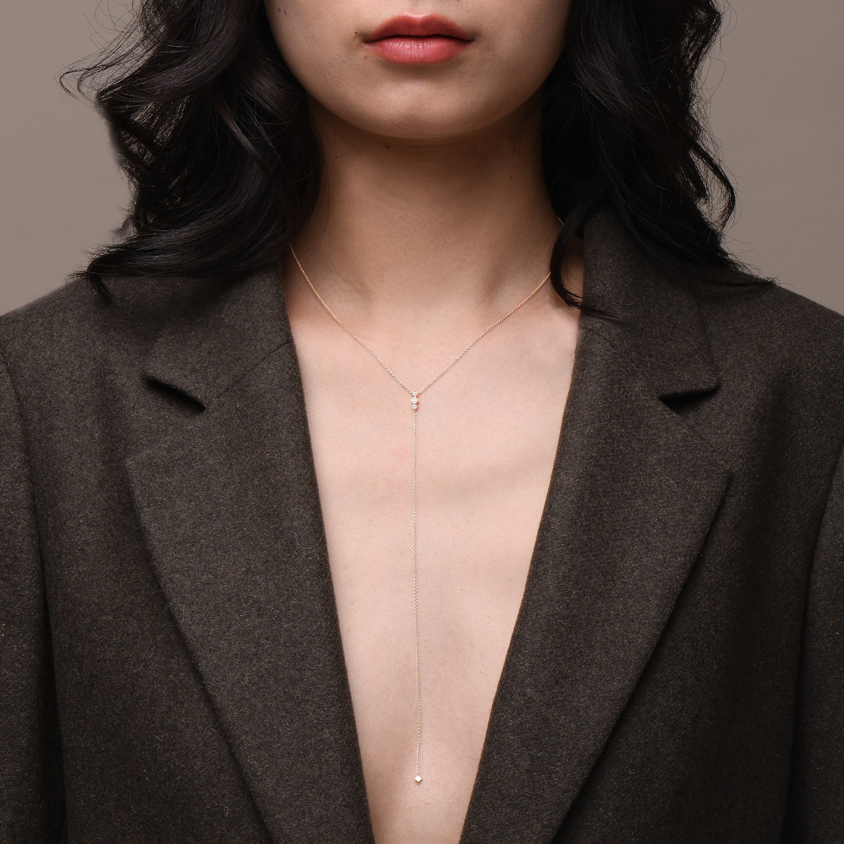 Freshwater pearl and diamond lariat solid gold necklace
