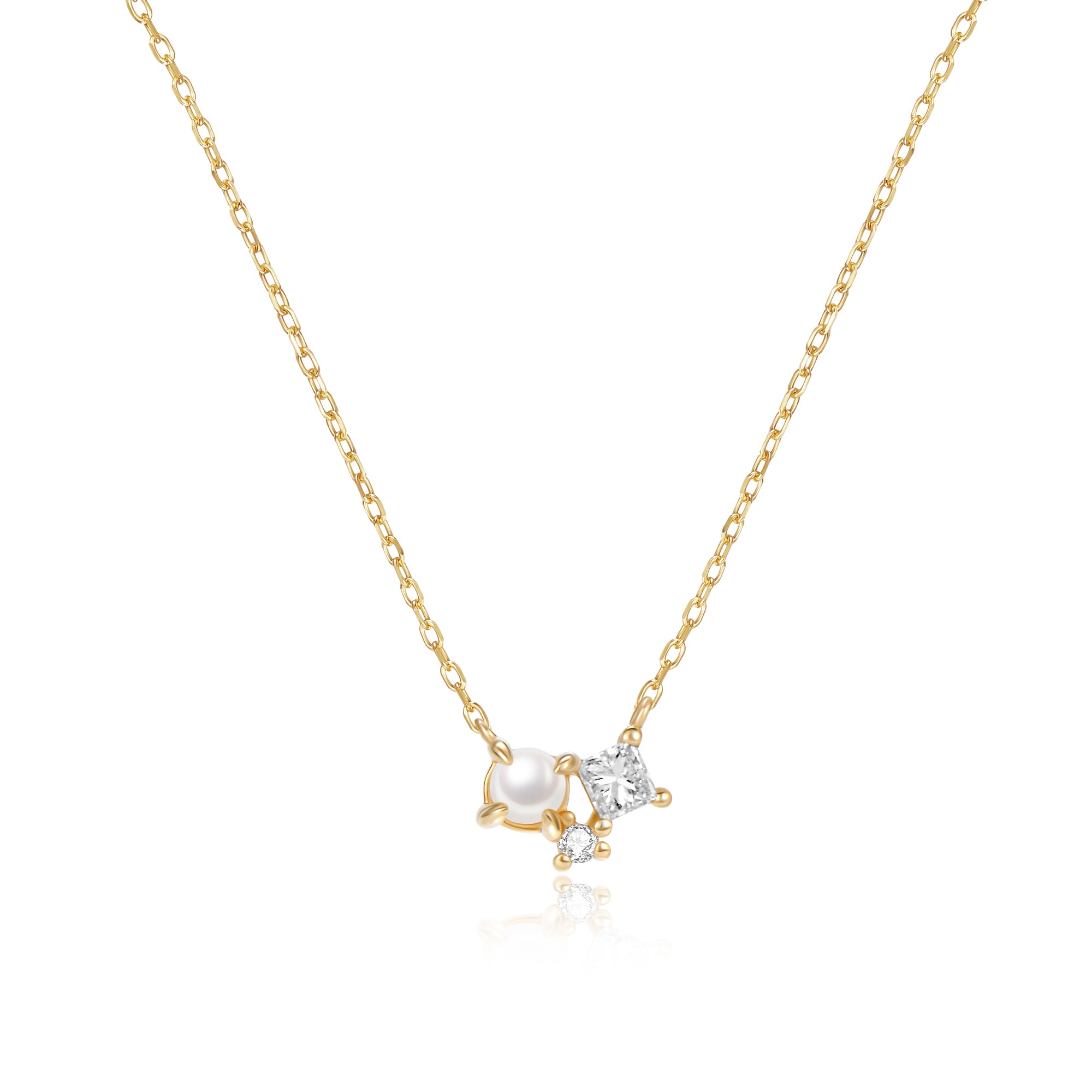 Dainty Diamond and freshwater pearl solid gold necklace