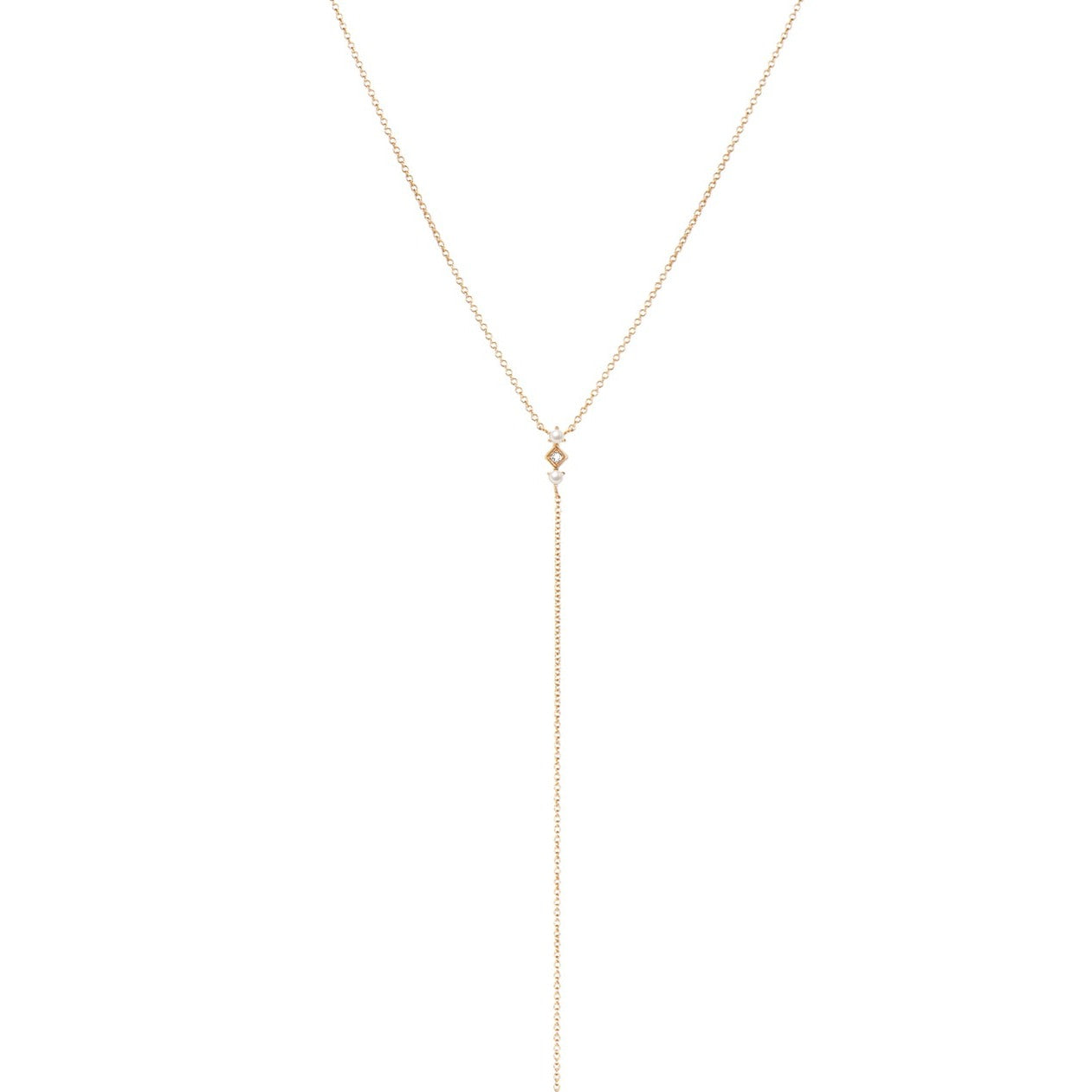 Freshwater pearl and diamond lariat solid gold necklace