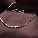 Mini pearl with 18k solid gold chain necklace with mini pearl huggies