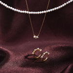 Diamond and freshwater pearl solid gold necklace and earrings
