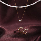 Dainty Diamond and freshwater pearl solid gold necklace and earrings 
