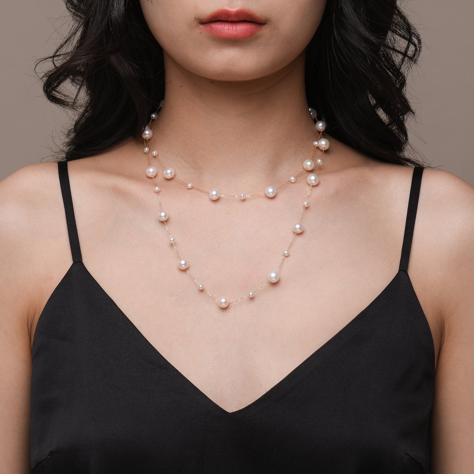 Long freshwater pearl and solid gold necklace