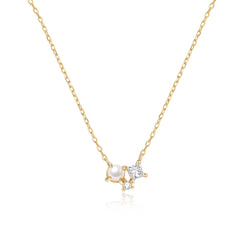 Dainty Diamond and freshwater pearl solid gold necklace