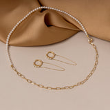 Mini pearl with 18k solid gold chain necklace and pearl and chain earrings