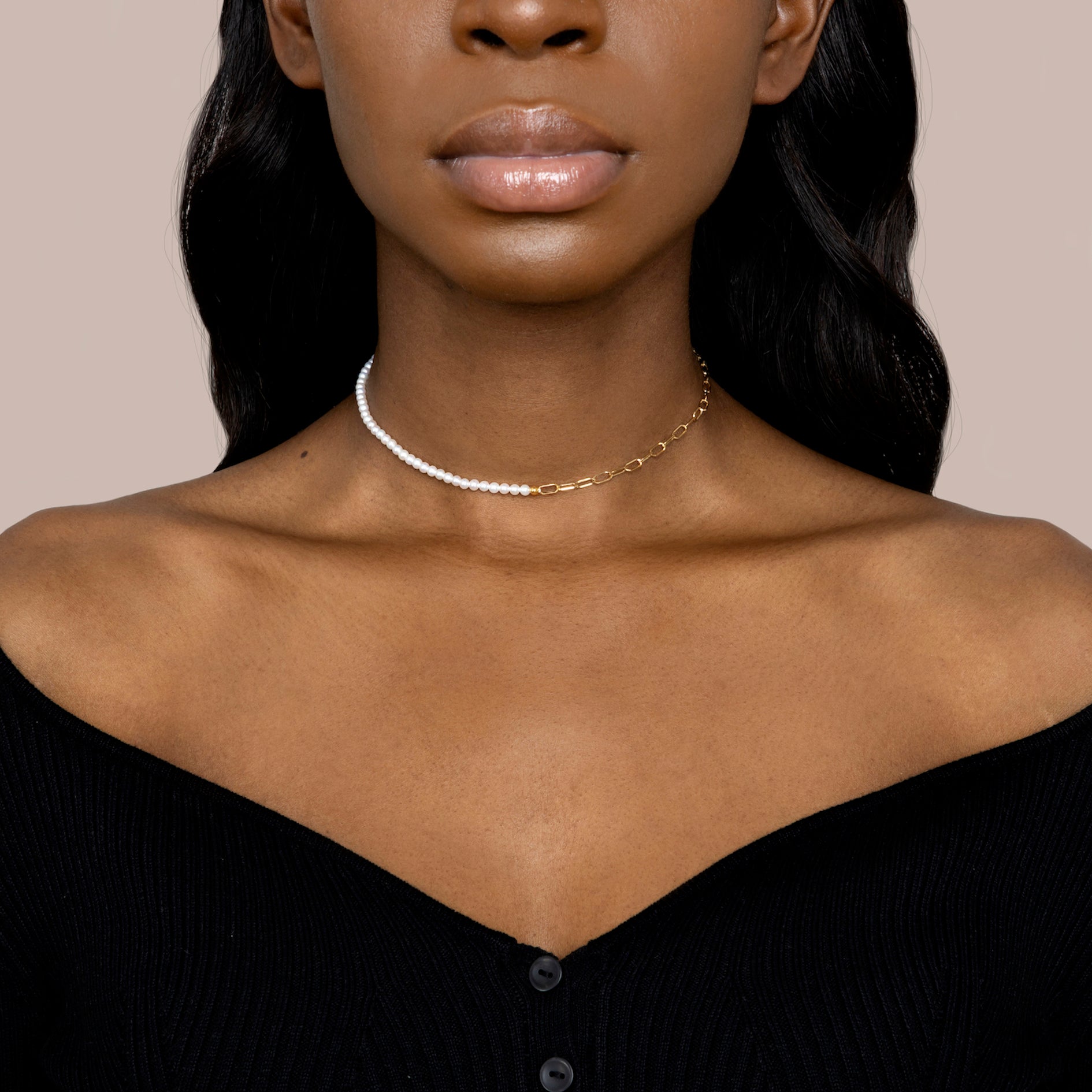 Mini pearl with 18k solid gold chain necklace