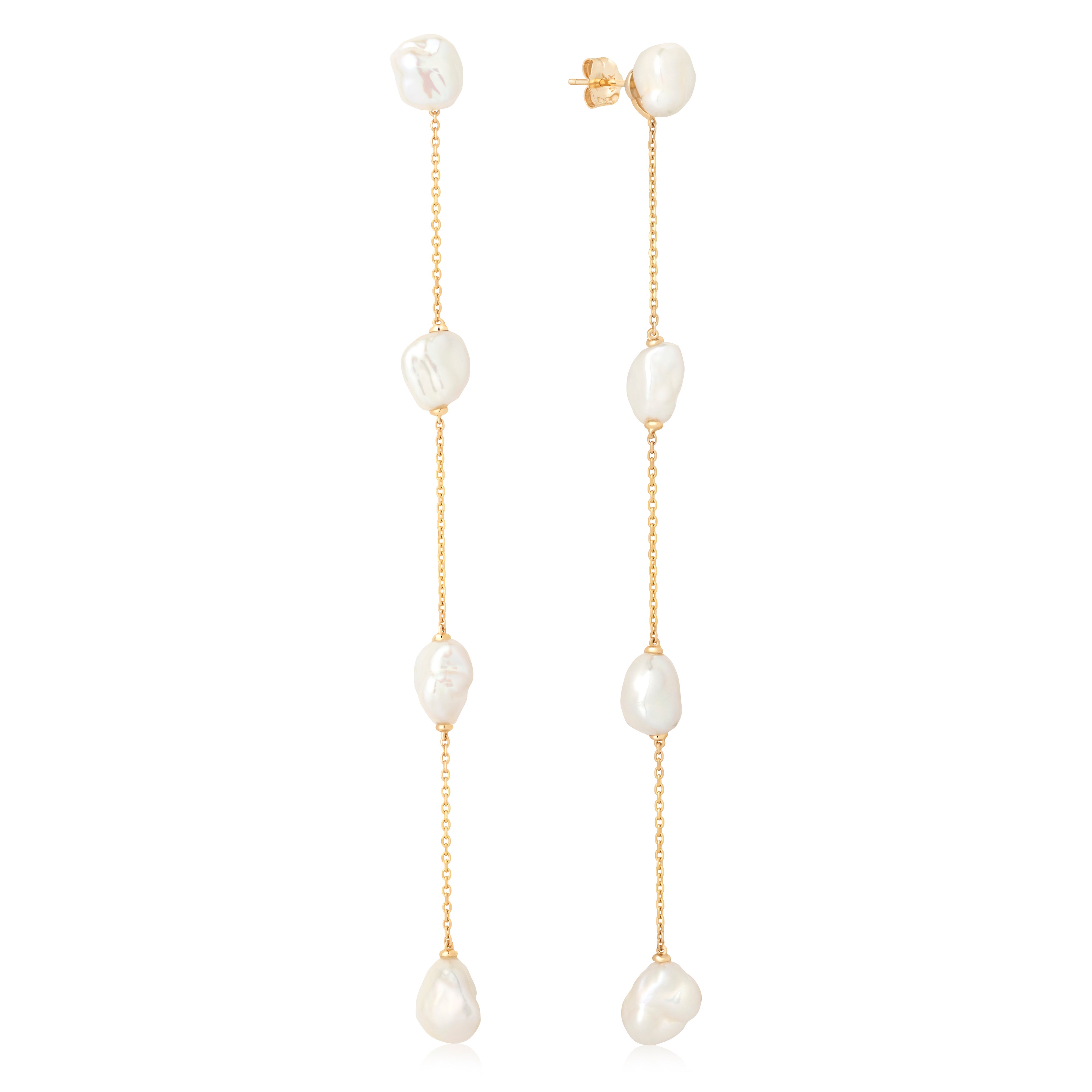 Genuine Natural White Baroque Rectangle Biwa Pearl Dangle Earrings - Gold Plated Studs